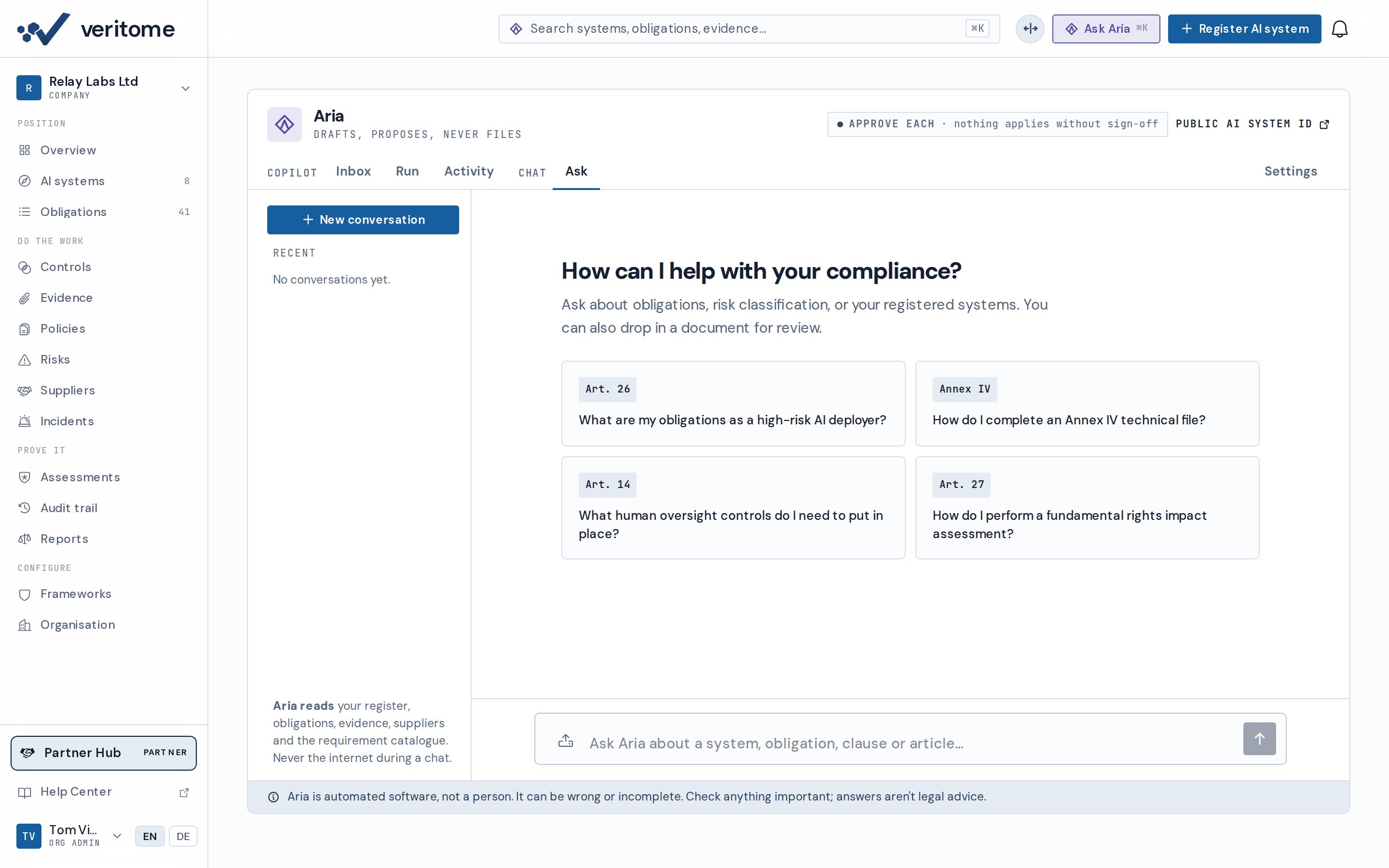 Aria's Ask tab — the conversation with prompt cards, before a first question