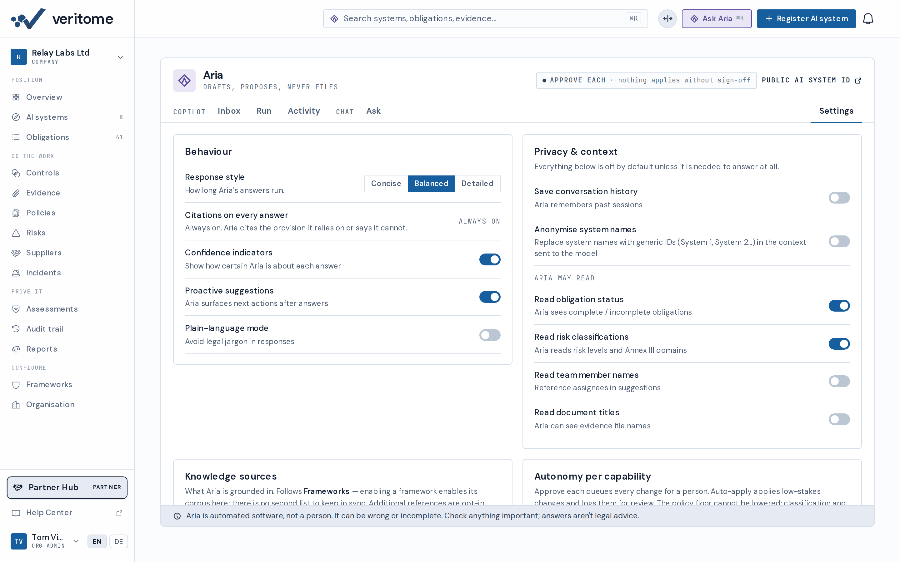 Aria's Settings tab — the copilot set-up: what it may read, what it knows and how far it may go