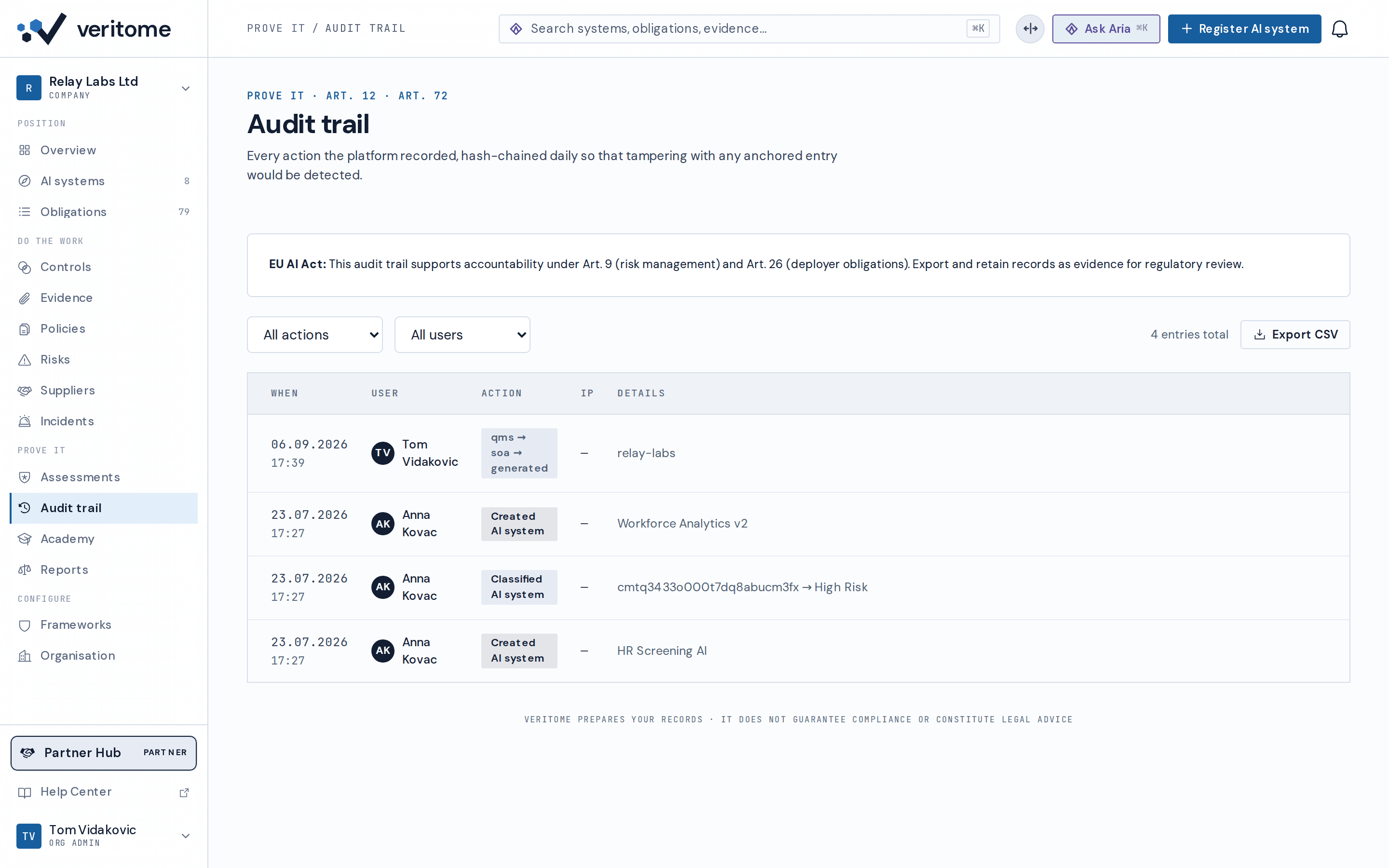 Veritome audit log — every change with the user, the timestamp and what changed, hash-chained and anchored daily