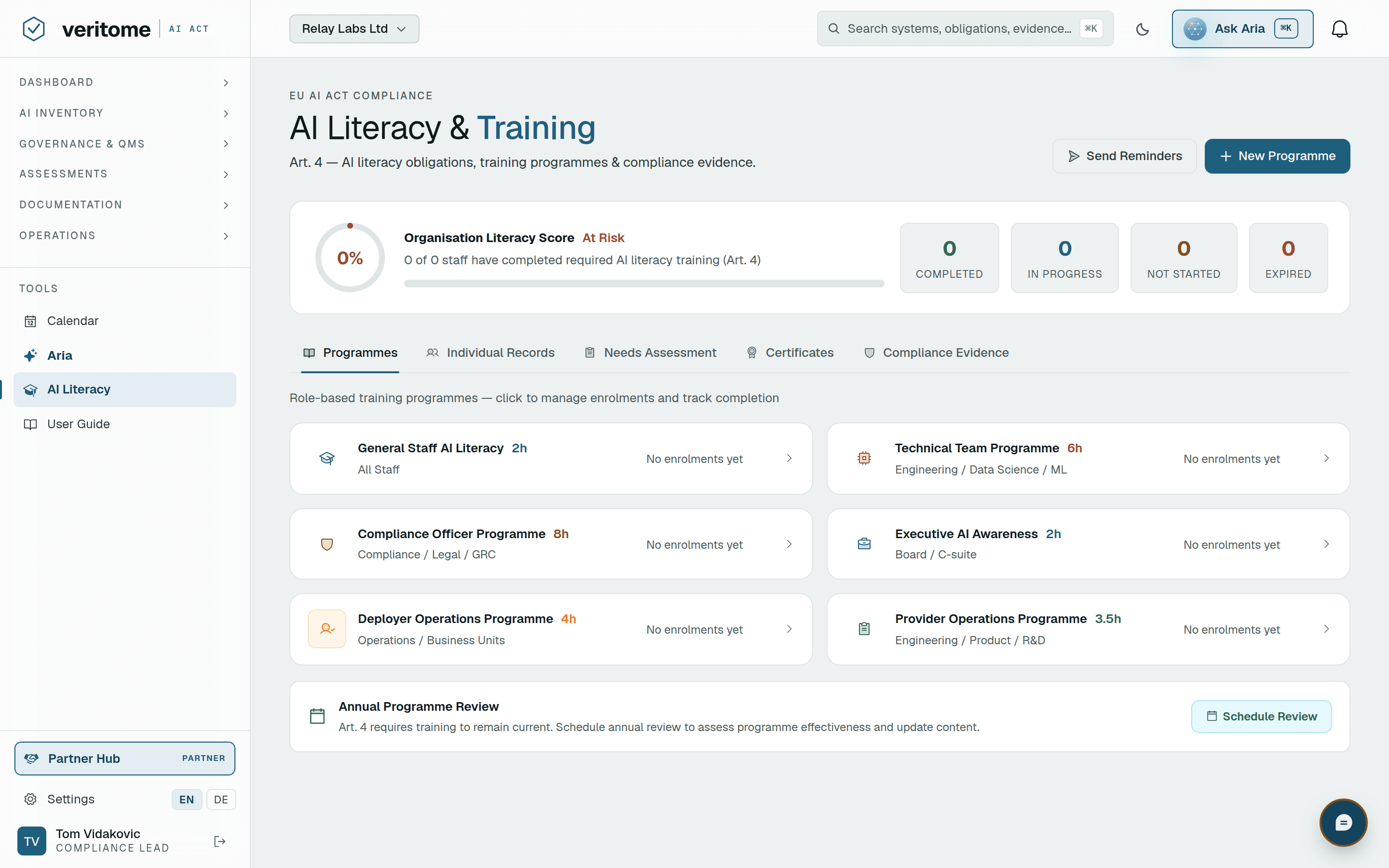 Veritome AI literacy — six role-based training programmes with an organisation literacy score and per-person completion tracking for Article 4