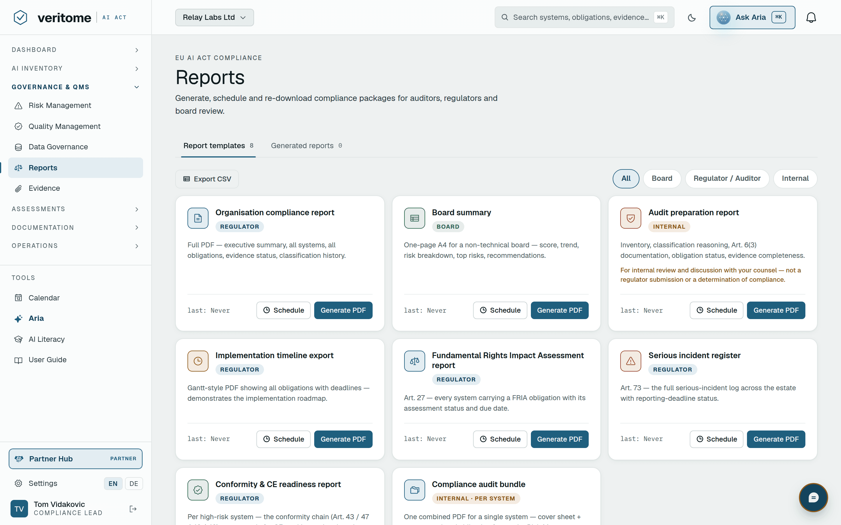 Veritome reports — the organisation compliance report, board summary, audit-preparation pack and incident register generated as sealed PDFs